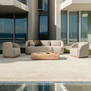 Ensemble De Jardin Avec Canap&eacute; 3 Places, 2 Fauteuils Et Table Basse Rectangulaire 130x75 Cm En Bois D'acacia Verona Acacia Marron Clair - Neuf