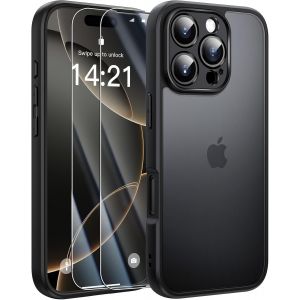 KALANKA-Mat Coque pour iPhone 16 Pro avec 2 Verre Tremp&eacute;, [Protection Cam&eacute;ra] &Eacute;tui Housse Arri&egrave;re Translucide Givr&eacute;e, Coque Fine Antichoc Anti-Traces de Doigts pour iPhone 16 Pro 6.3"", Noir - Neuf