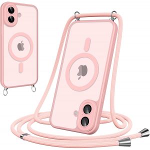 Maa-Coque Magnétique Pour Iphone 16 Plus Avec Cordon, [Compatible Avec Magsafe] Etui Translucide Mat Arrière Anti-Jaunissement Antichoc Réglable Portable Lanyard Case Protection, Rose - Neuf
