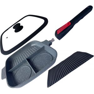 KALANKA-, Poêle grill antiadhésive avec poignée amovible, démontable, pour petit déjeuner, ?ufs, crêpes, hamburger, poêle carrée avec division en 3 sections, alliage d'aluminium (noir) - Neuf