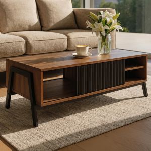 Table basse HWC-O40, table de salon, table basse, compartiments de rangement, porte coulissante, MDF, m&eacute;tal, m&eacute;lamine, 42 x 120 x 60 cmnaturel - Neuf