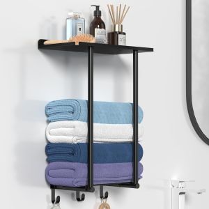 Rangement Serviette Salle de Bain,Porte Serviette Murale Noir,Porte-Serviettes de Salle de Bain À 2 Pôles avec Dessus en Métal Et 3 Crochets - Neuf