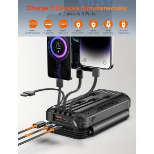 Solaire Power Bank 27000mAh,Chargeur Portable avec 4 Panneaux Solaire,4 C&acirc;bles,Banque d'&Eacute;nergie Solaire USB C avec Batterie Externe et 2 Lumi&egrave;res de Poche LED,pour Smartphones,Tablettes(Noir) - Neuf