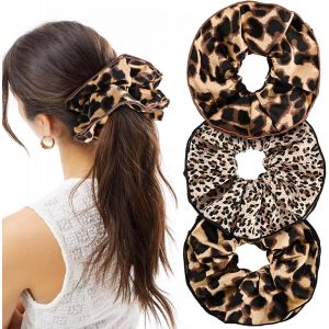 Mtuihfo 3pcs L&eacute;opard Chouchou Cheveux, Chouchous Surdimensionn&eacute;s Satin &Eacute;lastique Imprim&eacute; Animal Accessoires Pour Cheveux Epais Et Boucl&eacute;s Femmes Filles Support Queue Cheval - Neuf