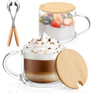 2pcs Tasse A Cafe, 350ml Tasse &Agrave; Caf&eacute; Expresso Verre R&eacute;sistant Chaleur Avec Cuill&egrave;re Et Couvercle Tasse De Petit-D&eacute;jeuner Pour Cappuccino/C&eacute;r&eacute;ales/Yaourt - Transparente - Neuf