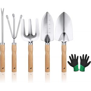 KALANKA-Outils de Jardinage, Ensemble d'outils de Jardin, 6pcs Garden Tool Set, Outil de Jardin Manche en Bois pour Jardinage Plantes Intérieur Extérieur avec Une Pelle Fourchette et Paire de Gants - Neuf