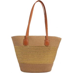 SJZG-Sac Tiss&eacute; En Paille Pour Femme Sac De Plage D'&Eacute;t&eacute; Boh&egrave;me Sacs Port&eacute;s &Eacute;paule Fourre-Tout Tress&eacute;s &Agrave; La Main Cabas Hobo R&eacute;tro Sac &Agrave; Main Pour Voyage Plage Vacances Or - Neuf