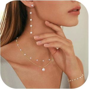 Collier Perles Femme Boucles D'oreilles Perles Bracelet Ensemble Bijoux Ensemble Bijoux Perles Plaqu&eacute; Or 14k Collier R&eacute;glable Bracelet Perles Ensembles Bijoux Mariage Femme - Neuf