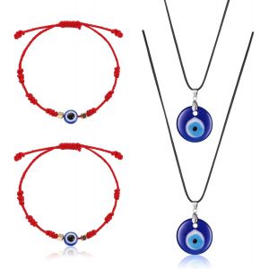 4 Piece Necklace Evil Eye Blue Protection Bracelet Evil Eye Greek Set 2 Amulet Lucky Charm Bracelet With Cards 2 Evil Eye Pendant Necklace Turkey Blue Necklace Lady Man, Collier Oeil Bleu, Glass, Wax - Neuf