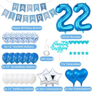 Tianyi-Décoration D'anniversaire 22e Anniversaire, Décoration De Gâteau Bleu Anniversaire 22 Ans Hommes, Décoration De Fête Argentée, 22 Ans Pour Femmes Et Hommes, Décoration De Gâteau 22 Ans Homme F - Neuf