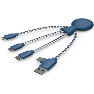 C&acirc;ble Multi USB 4 en 1 en Forme de Pieuvre - Chargeur Universel en Plastique Recycl&eacute; - Prise USB, USB-C, Lightning, Micro USB - Compatible avec tous les Smartphone - Bleu - Neuf