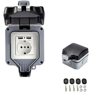 Prise murale ext&eacute;rieure double avec USB &eacute;tanche r&eacute;sistante prise &eacute;lectrique avec bo&icirc;te murale (simple) - Neuf
