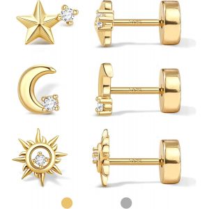 Kal-3 Paires Boucles D'oreilles Argent 925 Pour Femme Homme Hypoallergénique Boucles D'oreilles Or 14 Carats Petites Boucle D'oreille Cz Lune Étoile Soleil Cartilage Helix Conch Piercing Argent Or - Neuf