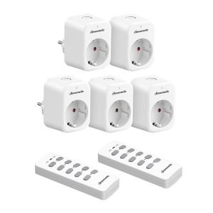 Prise T&eacute;l&eacute;command&eacute;e Programmable avec 5 Prises et 2 T&eacute;l&eacute;commandes Pr&eacute;-appari&eacute;s,10 A 2300 W,Prise T&eacute;l&eacute;commande Sans Fil avec Port&eacute;e de 30 m dans la Zone Ouverte,Certifi&eacute; CE,Lot de 5 - Neuf