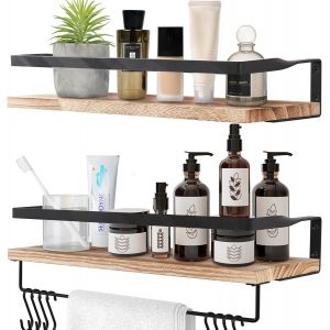 CAUC-Lot de 2 &Eacute;tag&egrave;res Murales en Bois, Design Moderne, avec Porte-Serviettes et Crochets, Rustiques, pour Cuisine, Salle de Bain, Salon, Bureau, 42 x 15 x 7.5 cm, Brun Clair-1 - Neuf