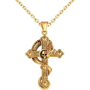 Kal-Collier Croix En Acier Inoxydable Pour Hommes Pendentif Cr&eacute;atif De Croix Avec Dragon Hip Hop Colliers Con T&ecirc;te De Mort Halloween Bijoux Fantaisie Adolescents D&eacute;coration - Neuf