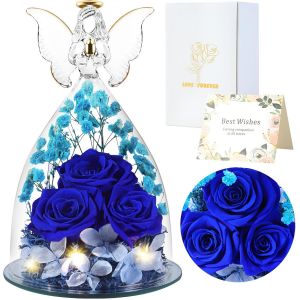 Cadeaux de Roses Eternelles pour Femmes, Cadeau Femme Roses Pr&eacute;serv&eacute;es dans des Figurines d'ange en Verre, Anges de Fleurs pour Maman Grand-m&egrave;re, Epouse, S?ur, Petite Amie (Bleu) - Neuf