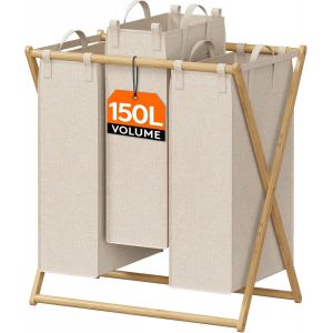 CHECARZHN--NO1-Panier A Linge 3 Compartiments 150L, Grand Bac A Linge Avec 3 Sacs Amovible Et Poignée, Corbeille A Linge Pliable Pour Buanderie, Chambre, Salle De Bain, Beige - Neuf