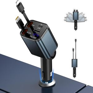 Thef-4-En-1 Chargeur Voiture Retractable Usb C, Chargeur Allume-Cigare 30w Charge Rapide + Écran Numérique De Tension, Boîtier Métallique, Type-C, Compatible Avec Apple/Android - Neuf