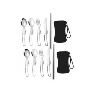 Ensemble De Couverts Pliants 5 Pi&egrave;ces En Acier Inoxydable Avec Sac De Rangement Pour Voyage Et Ext&eacute;rieur - Neuf