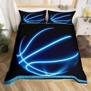 Tianyi-Housse De Couette Sport Pour Gar&ccedil;ons Ensemble De Literie De Basketball Au N&eacute;on Pour Enfants Adolescents,Parure De Lit &Agrave; Th&egrave;me Sportif 140x200,Housse Couette De Basket-Ball Lumineux,Noir Bleu 2 - Neuf