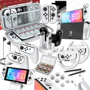 Accesorios Étui pour Nintendo Switch OLED, 27 EN 1 Pochette Transport Kit Inclure Protection Coque pour Switch Oled,Protecteur D&#39;écran HD,Housse Joycon,Volante Grip,Playstand,Thumb Grip-Blanc - Neuf