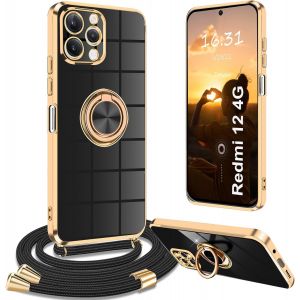 Kal-Coque Pour Redmi 12 4g Avec Cordon, Coque Pour Redmi 12 4g Avec Collier Housse 360° Voiture De Bague Magnétique Étui Pour Xiaomi Redmi 12 4g Avec Cordon, Noir - Neuf