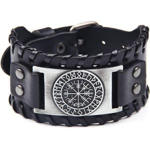 Eryi-Viking Vegvisir Bracelet En Cuir Noir Pour Homme - Neuf