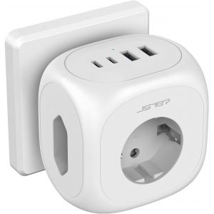 Adaptateur de Prise avec 2 Ports USB A et 2 Ports USB C, Chargeur Mural avec 2 Prises Europ&eacute;ennes et 1 Prise Schuko, Multiprise 7 en 1 pour Bureau avec Interrupteur-Blanc - Neuf
