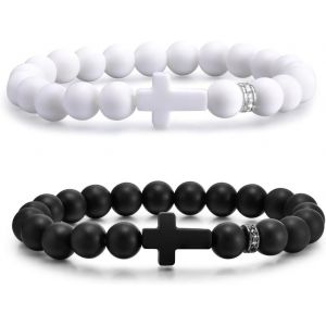 Eryi-Bracelet Croix Chrétienne Femme Homme, 2 Pièces Bracelet Perle Avec Croix, Chapelet Bracelet Chrétien, Bijoux Religieux En Noir Et Blanc - Neuf