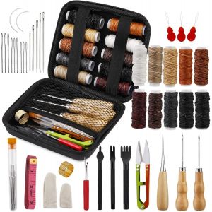 Yemaesre-42pièces Kit De Couture En Cuir Kit De Réparation De Rembourrage Outils Et Fournitures De Travail Du Cuir Avec Aiguilles À Coudre En Fil Ciré Et Poinçon À Griffes Pour Projets D'artisanat - Neuf