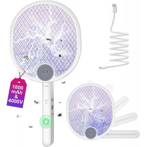 KALANKA-Raquette Electrique Insectes 4000V Raquette Moustique Electrique 1800mAh Piable Tapette&agrave; Mouche USB Rechargeable avec 3 Couches Protection en Maille Support Mural - Neuf