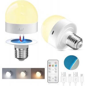 Ampoule Batterie Rechargeable E27, Led Rechargeable Usb-C Avec Telecommande 3 Temp&eacute;ratures De Couleur Dimmable Avec Aimant Pour L'&eacute;clairage D'urgence, Le Camping, Les Veilleuses(Lot De 2) - Neuf