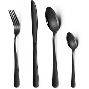 Checarzhn--No1-Lot De 24 Couverts Noirs En Acier Inoxydable Pour 6 Personnes, Avec Couteaux, Fourchettes, Cuillères, Couverts De Table Pour Maison, Fête, Restaurant, Lave-Vaisselle Et Poli Brillant - Neuf