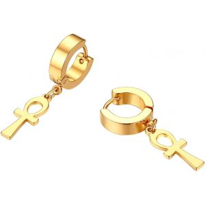 Kal-Boucles D¿Oreilles Pour Femme Homme, Petits Créoles Percés Frangés Croix Égyptienne Anhur Classiques Couleur Argent Noir Or Fantaisie Cadeaux Anniversaire Noël - Neuf