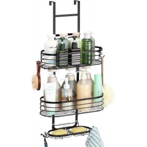 Étagère de Douche à Suspendre,Rangement Douche Sans Percage,Panier De Douche Suspendu En Acier Inoxydable Sur La Porte avec crochets/plateau de savon,Support Douche 2 Niveaux-Noir - Neuf