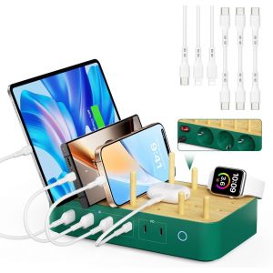 Station De Charge Usb C Bamboo Pour Plusieurs Appareils, 60w, 6 Ports, 3 Prises Secteur, 3 Usb C, 3 Usb A, Cordon D'alimentation De 2 M Pour Lphone, Lpad Et Tablettes(6 Câbles Inclus),Verte - Neuf