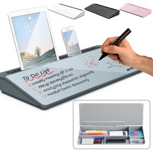 Tableau Blanc En Verre Avec Tiroir De Rangement Et Fente Pour Accessoires Dimensions : 40,5 X 18,5 X 6 Cm. Avec Effaceur Et Deux Marqueurs (Gris) - Neuf