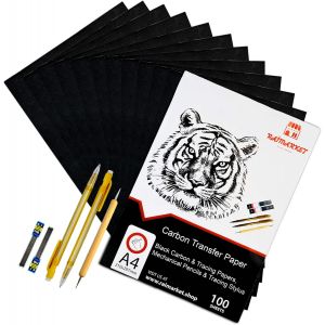 JEXNOVASHOP-100 Feuilles Papier Carbone A4 Noir avec 5 Stylets et Crayon Mécanique ¿ Feuille de Transfert Graphite pour Tracer Dessins, Couture, Bois, Toile, Métal et Bricolage - Neuf