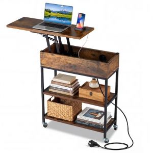 COSTWAY Table d'Appoint Roulante &agrave; Plateau Relevable 60 x 24 x 67,5 cm avec Station de Charge &Eacute;tag&egrave;res Ouvertes pour Salon, Chambre - Neuf