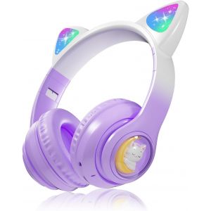 MEVRONISSHOP-Casque Bluetooth 5.3 pour Enfants, Casque Audio Enfant sans Fil avec Microphone et Contr&ocirc;le du Volume, Casque Bluetooth &agrave; Oreilles de Chat LED Flash, Casque Cat Pliable pour Smartphone i - Neuf