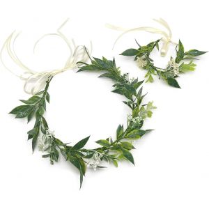 Kalsw-1 Pièce Couronne De Fleurs Et 1 Pièce Bracelet Anneau De Fleurs Bracelet D'anneau De Fleurs Réglable Couronne De Fleurs Couronne De Mariée Pour Mariage Fête Séance Photo Bord De Mer(Vert) - Neuf