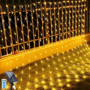 KAL-Led Solaire Guirlande Lumineuse, 2X3M Guirlande Lumineuse Filet, 192 Leds 8 Modes Étanche Extérieure Maille Lumineuse Avec Télécommandée Pour Décoration Noël, Jardin, Balcon (2*3M, Blanc Chaud) - Neuf