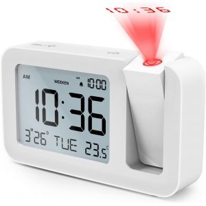 Réveil numérique à projection, écran LCD 3,8 pouces, 4 niveaux de luminosité, répétition de 9 minutes, 2 alarmes pour chambre, bureau, cuisine (blanc, sans pile) - Neuf