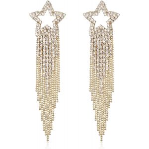 Kal-Boucles D'oreilles &Agrave; Pampilles Strass &Eacute;toile Cristal Scintillant Franges Gouttes Pendantes Lustre Boucles D'oreilles Clair Ton Argent - Neuf