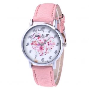 Zhoulianfa Num&eacute;ro Fleur Motif Grand Cadran Litchi Grain Pu Bracelet De Cuir Montre D&eacute;contract&eacute;e (Rose) - Neuf