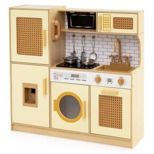 COSTWAY Cuisine Enfants 3Ans+ en Bois 84 x 25 x 80 cm (L x l x H) avec Téléphone, Lumières et Sons Réalistes 5 Accessoires Jaune - Neuf