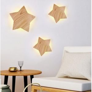 Lots De 2 Appliques Murales Led Moderne 15w Applique Bois Cr&eacute;ative Lampe Murale 3000k Lumi&egrave;re Chaude &Eacute;toile Appliques Veilleuse Chambre D'enfant Couloir Salon, &Oslash;22cm - Neuf