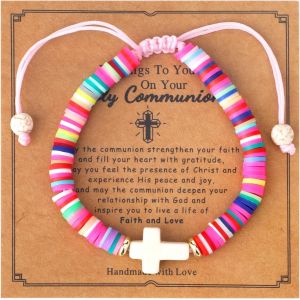 Eryi-Bracelet Croix En Argile Polymère Pour Filles, Bracelet Religieux Chrétien Coloré Avec Carte De Motivation Bijoux Baptême De Style Bohème Cadeaux Pour Filles S?urs Adolescentes - Neuf
