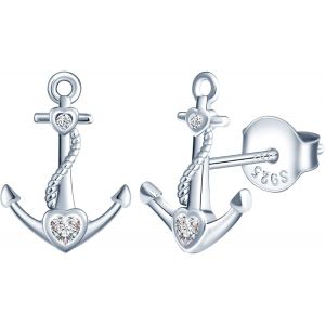 Kal-Boucles D'oreilles Femme Fille, Boucle D'oreille En Argent 925, Boucle D'oreille Ancre De Navire, Boucle D'oreille Ancre Cr&eacute;ative, Zircon Incrust&eacute;, Bijoux &Eacute;l&eacute;gants Femme, Argent, Or Rose Et Or - Neuf